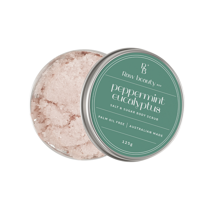 Box of Raw Beauty Salt + Sugar Scrub on a white background