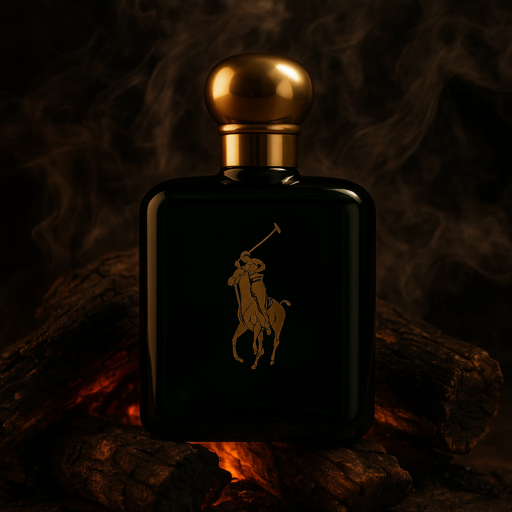 Black Ralph Lauren perfume bottle with gold cap on a smoky background