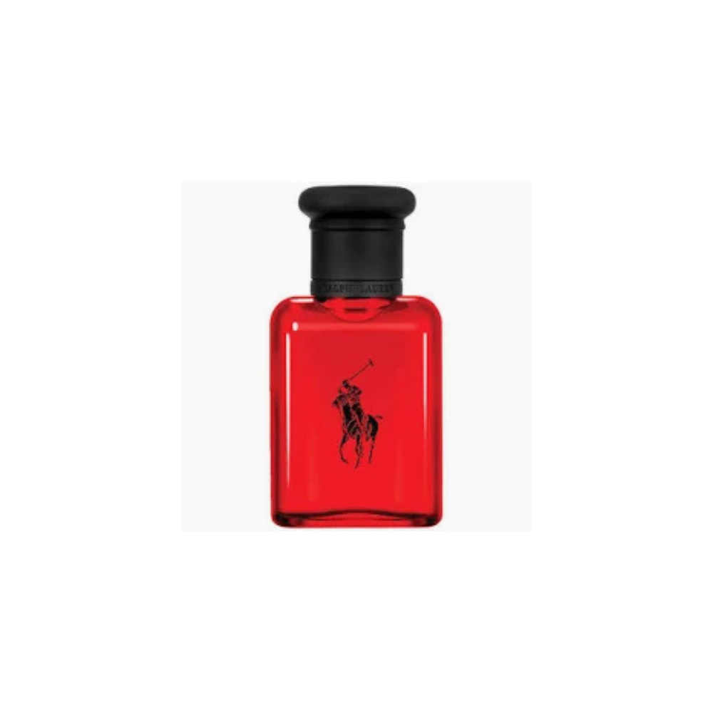 Red perfume bottle with black cap on a white background