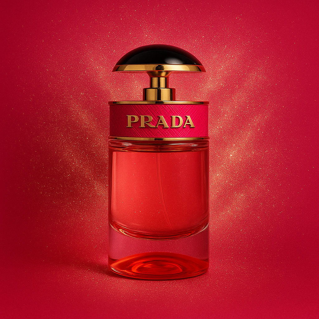 Red Prada perfume bottle on a red background