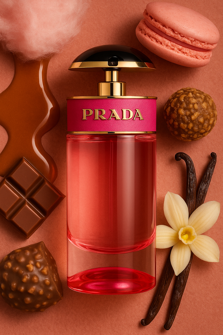 Prada perfume bottle with chocolate, macaron, and vanilla bean on a pink background