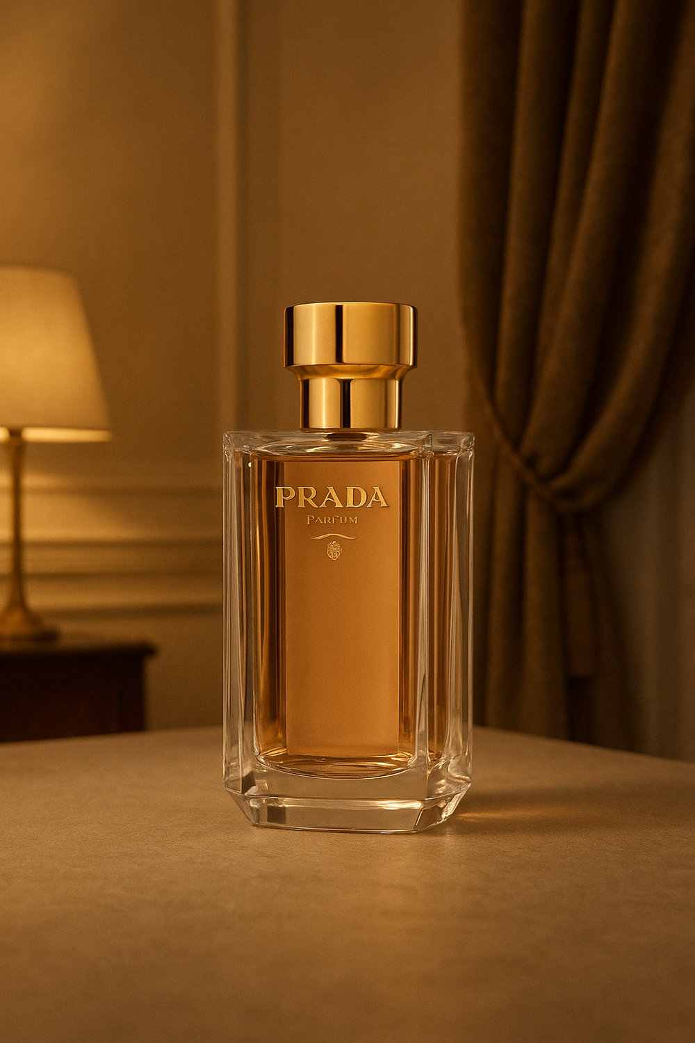 Prada perfume bottle on a table with a warm, blurred background