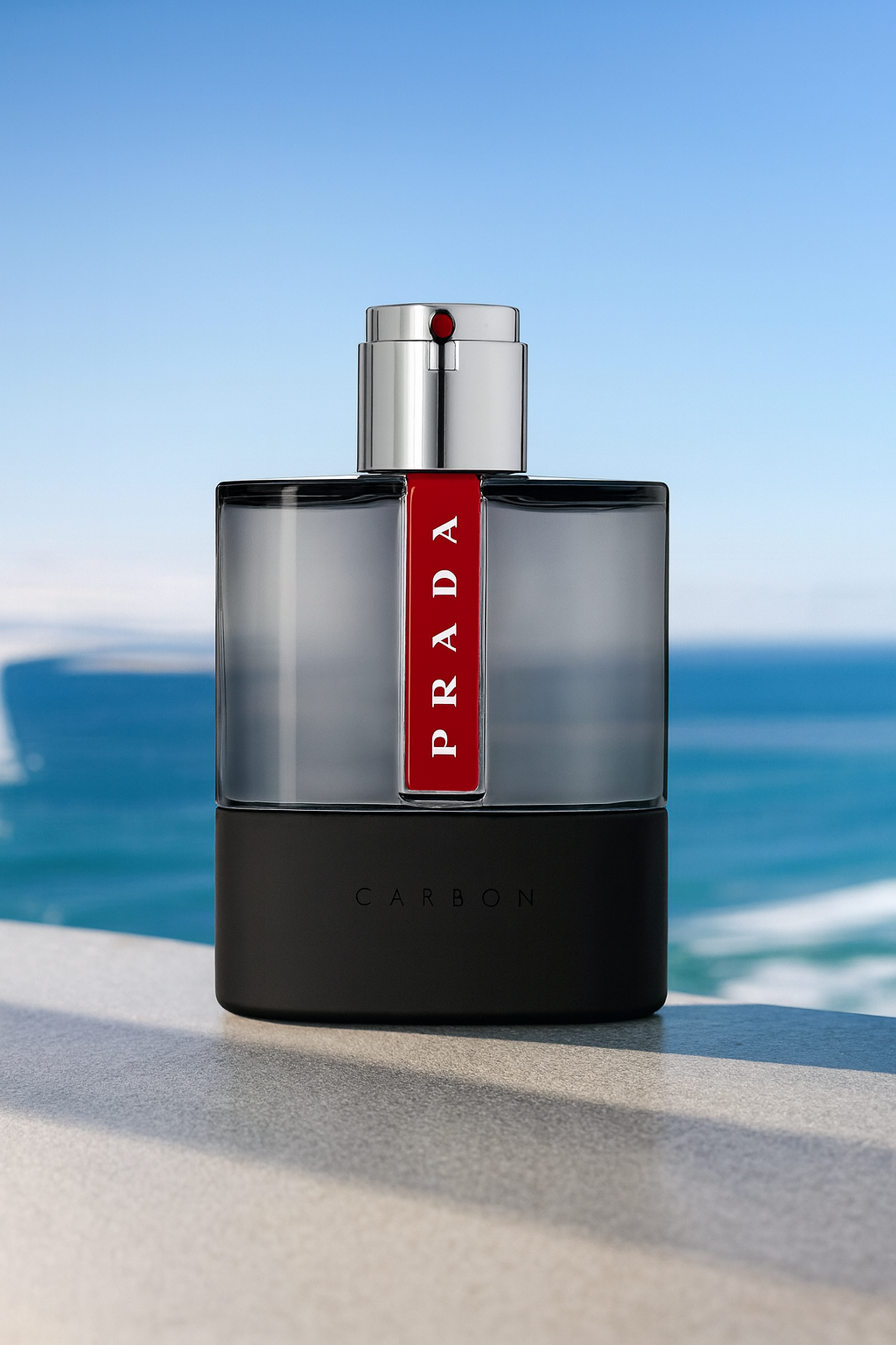 Prada perfume bottle with a scenic background