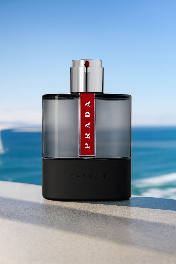 Prada perfume bottle with a scenic background