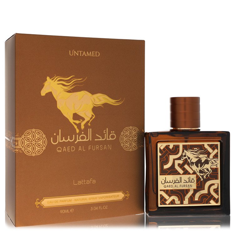 image showing the bottle and packaging for Lattafa Qaed Al Fursan Untamed Cologne By Lattafa Eau De Parfum Spray (Unisex) 90ml