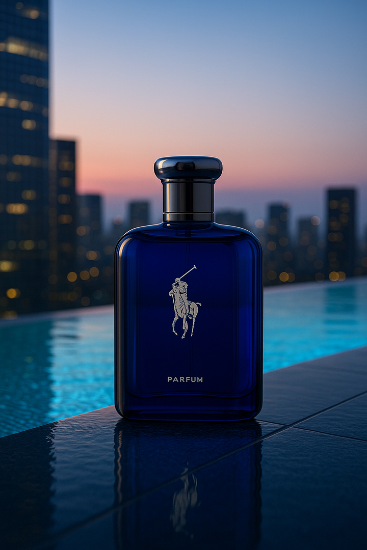 Blue Ralph Lauren Parfum bottle by a pool with city skyline in the background