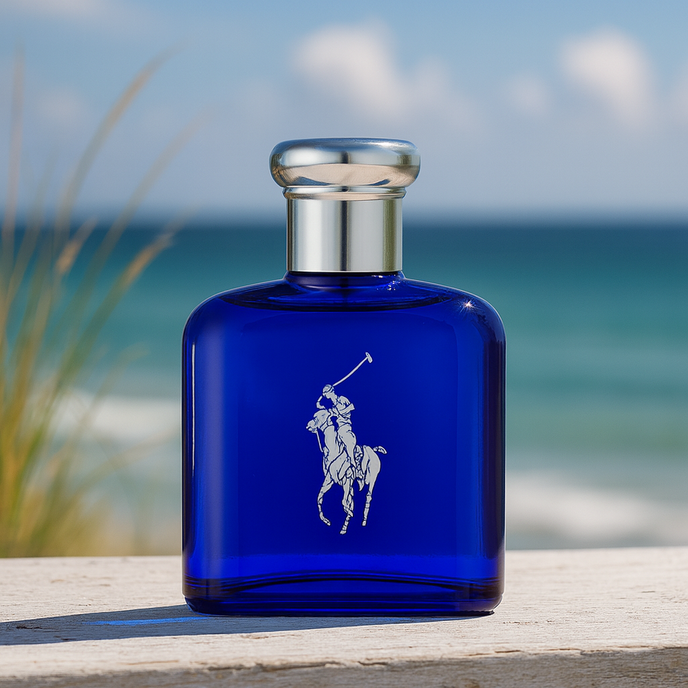 Blue Ralph Lauren perfume bottle with a silver cap on a wooden surface with a beach background.