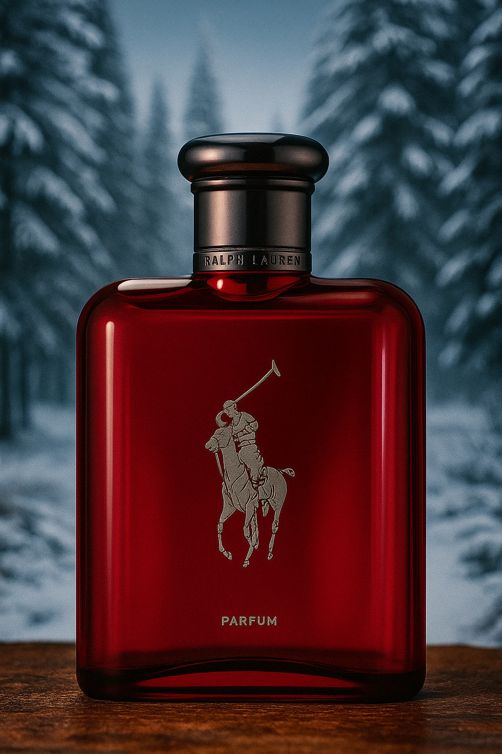 Red Ralph Lauren perfume bottle with a forest background
