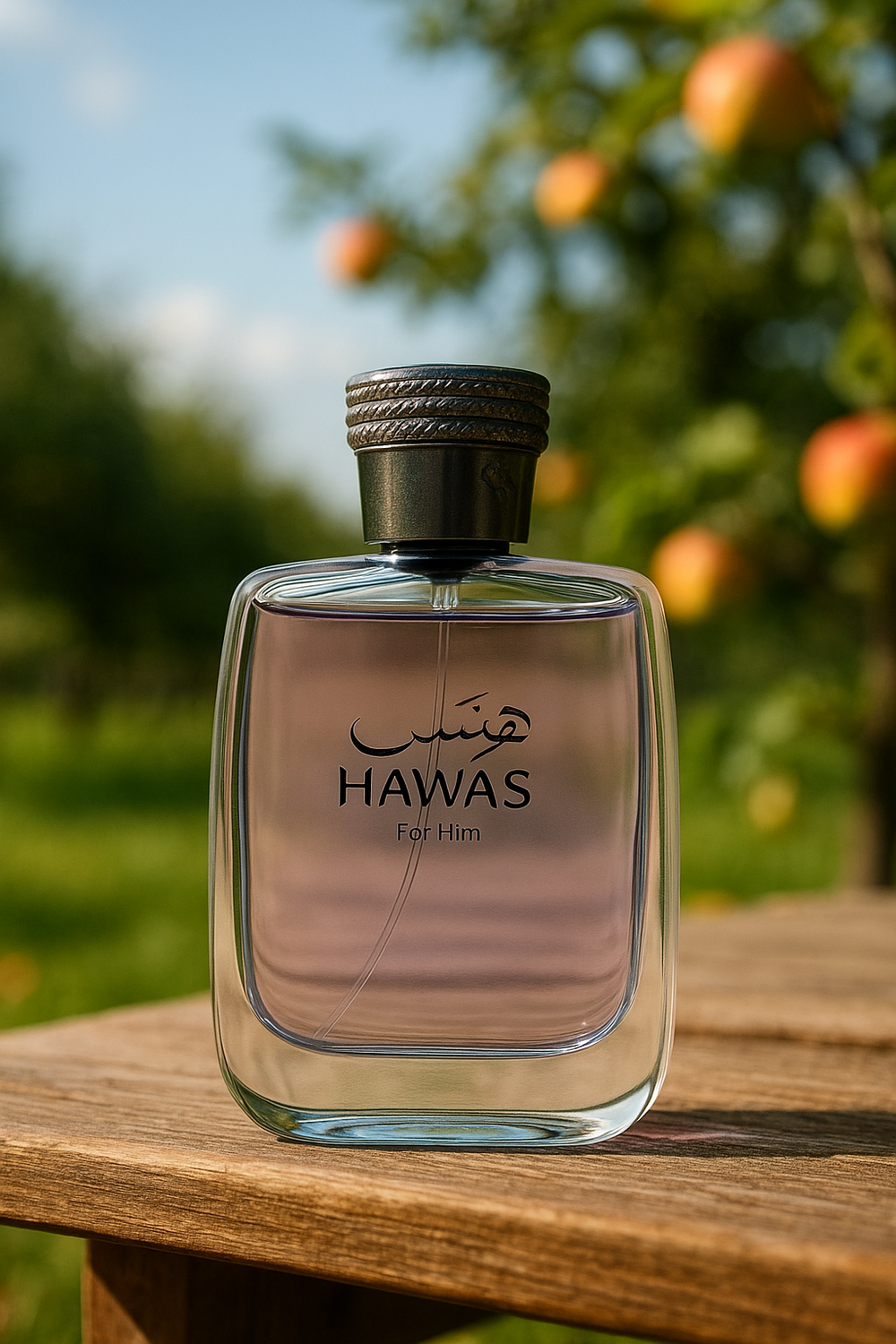 Hawas perfume bottle on a wooden surface with a blurred fruit tree background