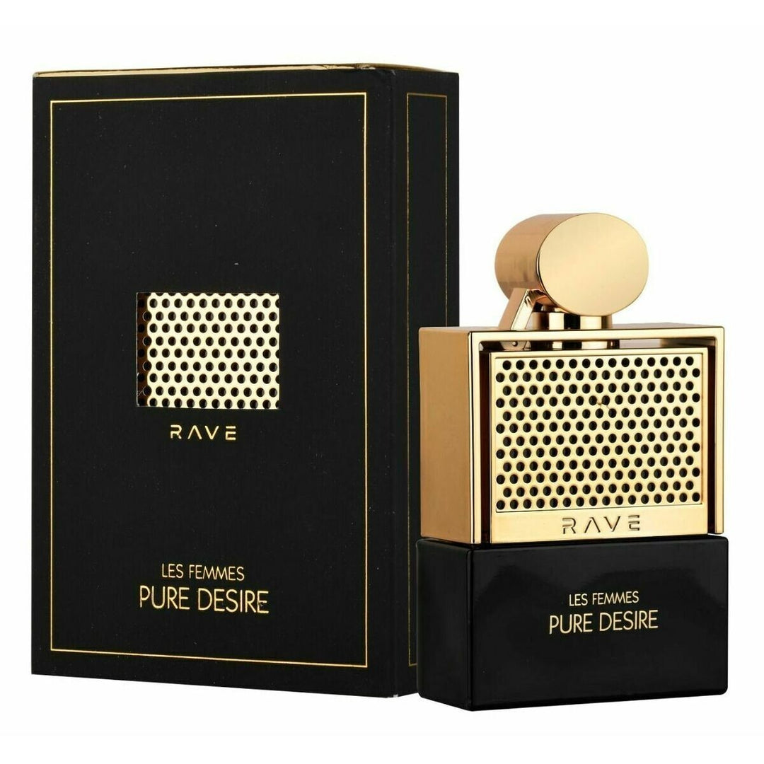 image showing the bottle and packaging for Lattafa Rave Pure Desire Gold Perfume By Lattafa Eau De Parfum Spray 100ml