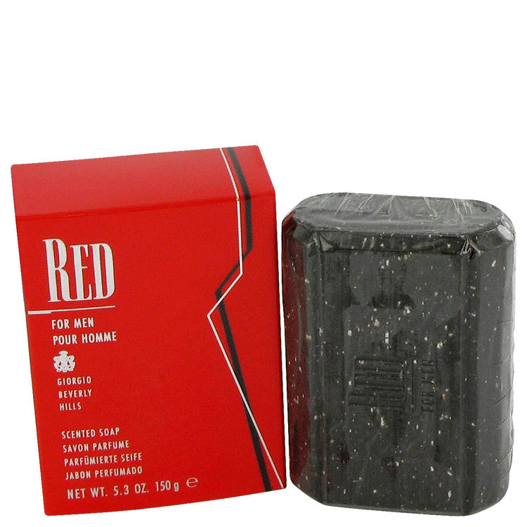 Black soap bar next to a red Giorgio Beverly Hills packaging on a white background