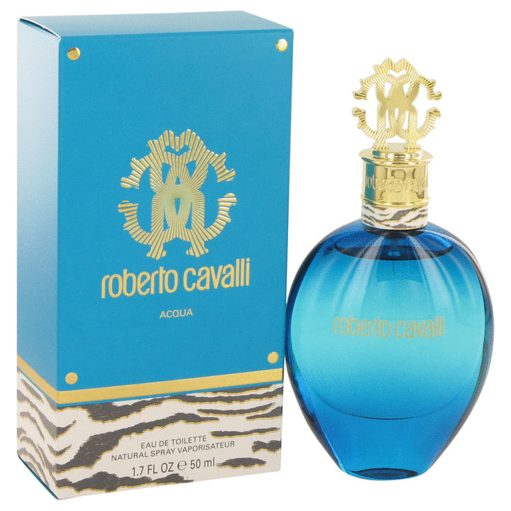 Roberto Cavalli perfume bottle and packaging on a white background