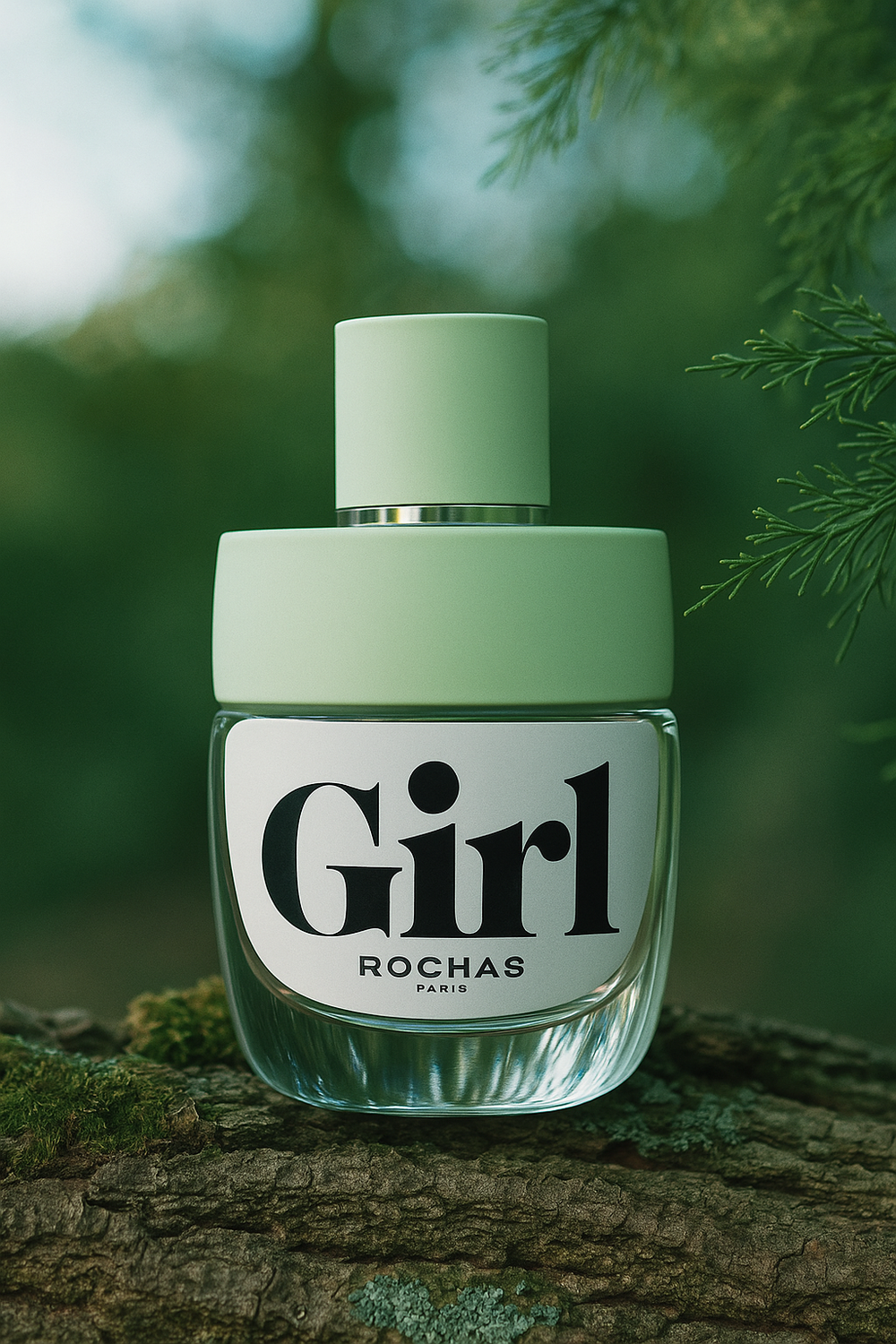 Perfume bottle labeled 'Girl' by Rochas on a natural background
