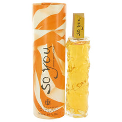 So You Eau de Parfum by Giorgio Beneditto, featuring a 30 ml textured clear bottle filled with golden-yellow liquid next to its orange and white patterned cylindrical packaging box.