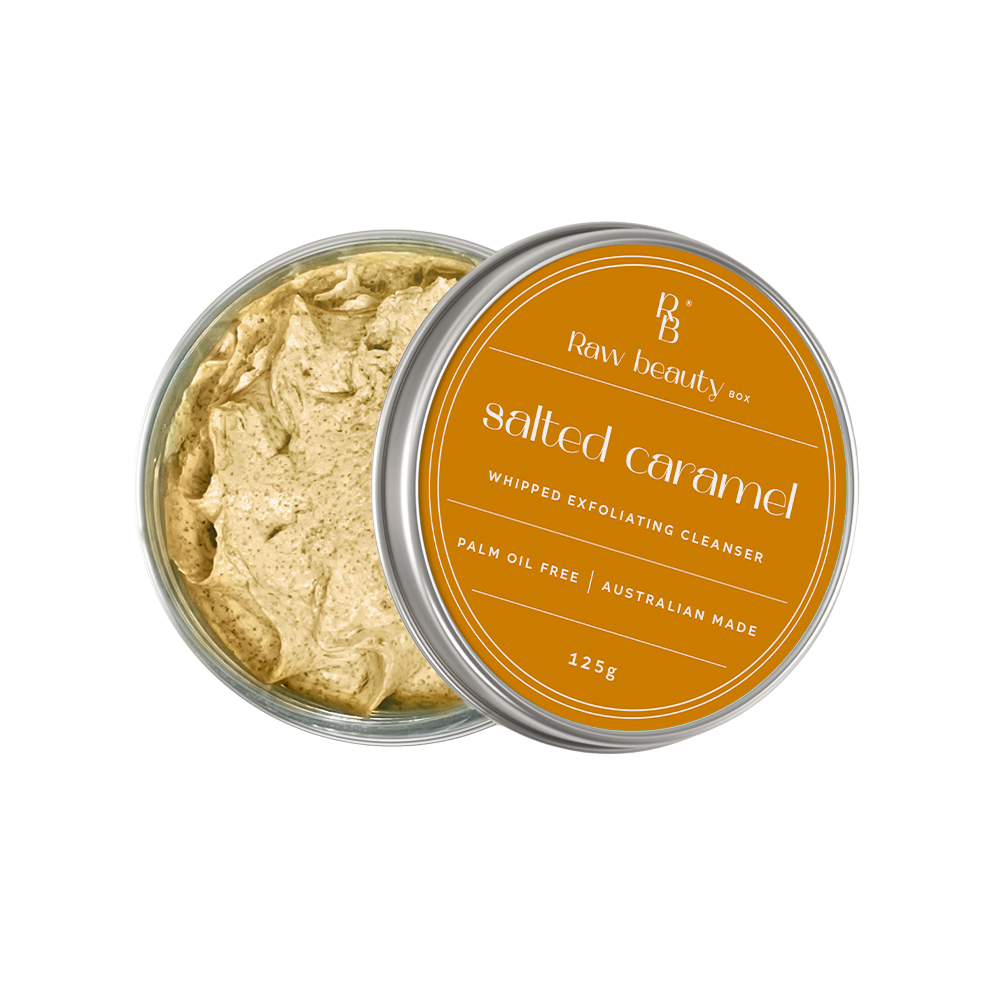 Box of Raw Beauty Box Whipped Exfoliating Cleanser in Salted Caramel flavor on a white background