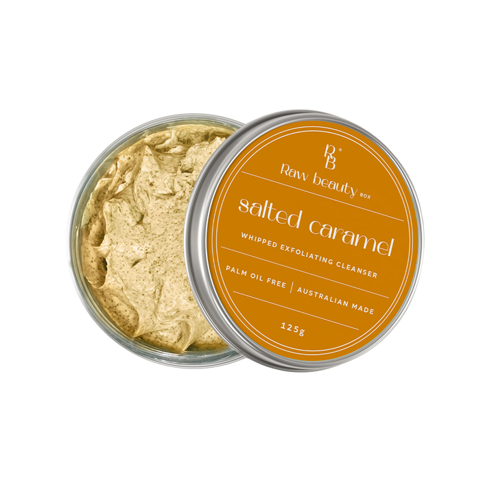 Box of Raw Beauty Box Whipped Exfoliating Cleanser in Salted Caramel flavor on a white background