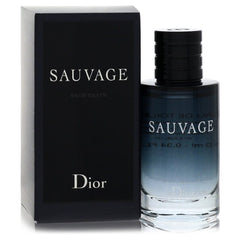 Dior Sauvage Eau de Toilette bottle next to its black packaging box, featuring a gradient blue-to-clear glass bottle and a black cap on a white background.