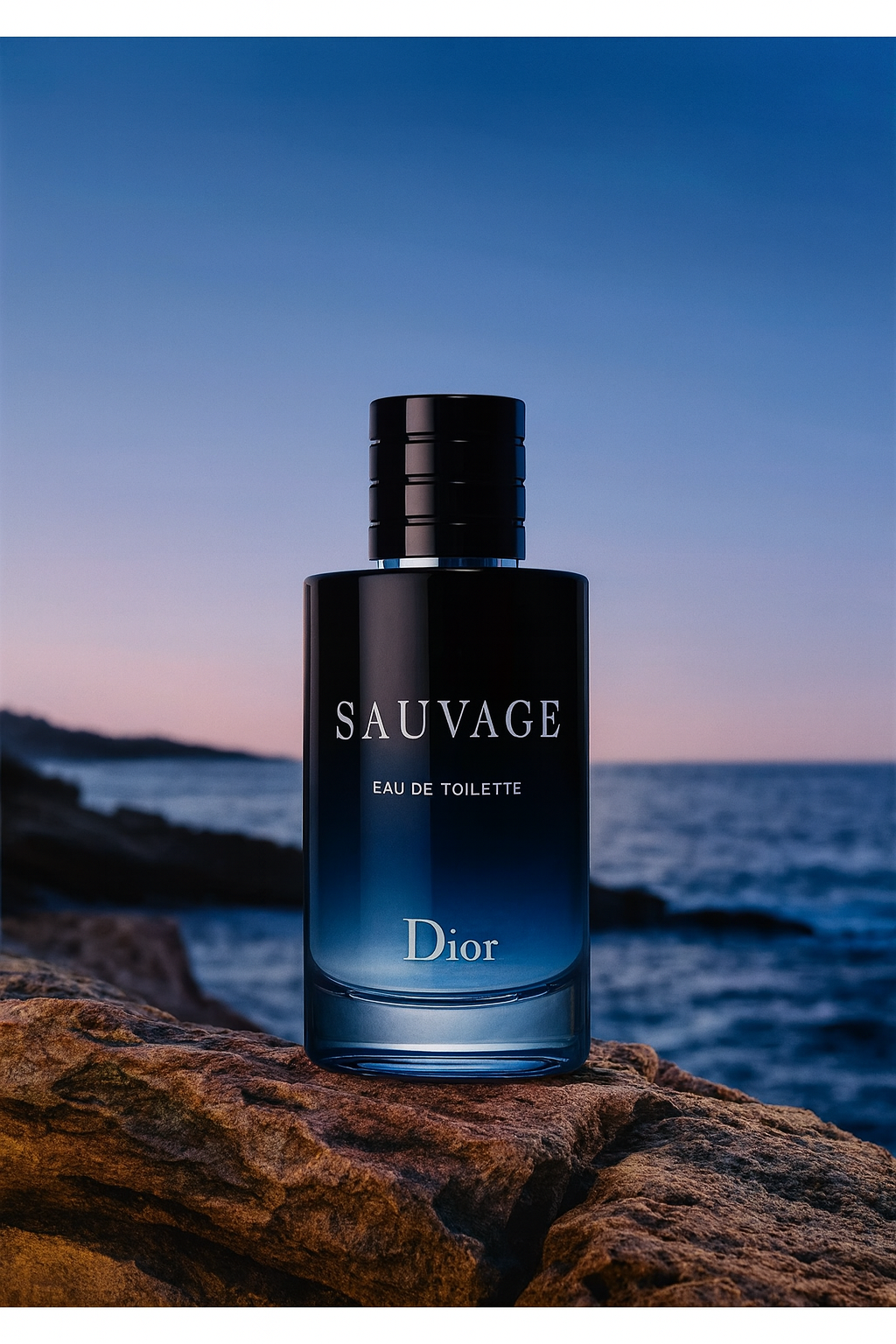Dior Sauvage perfume bottle on a rock with ocean view