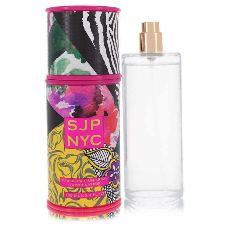 SJP NYC perfume bottle with colorful packaging on a white background