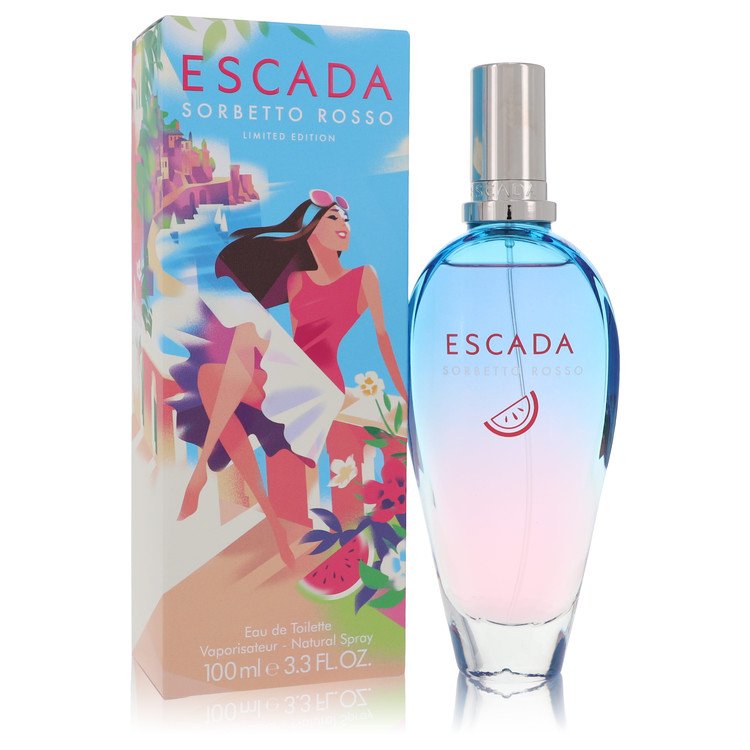 image showing the bottle and packaging for Escada Sorbetto Rosso Perfume By Escada Eau De Toilette Spray 100ml