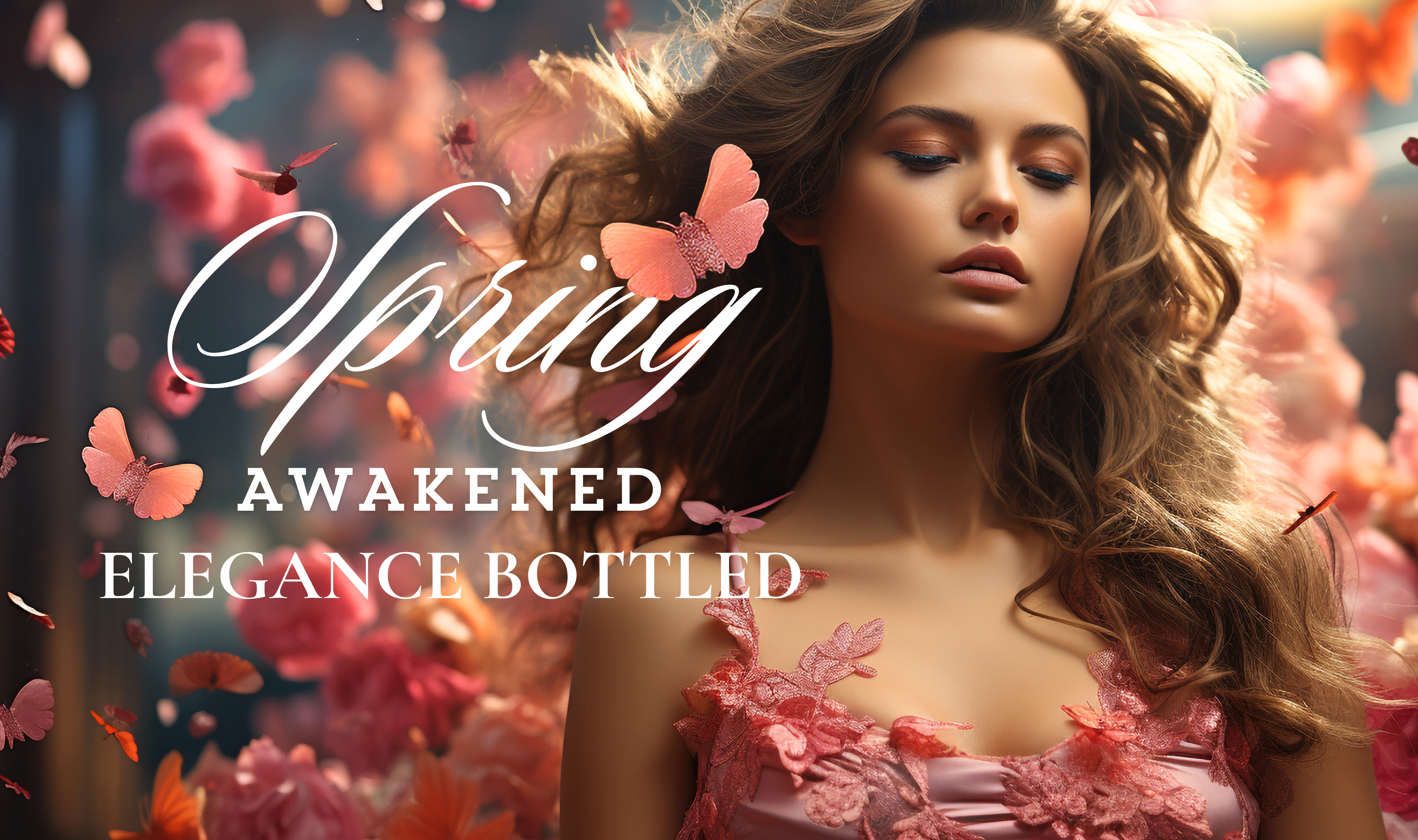 Woman with flowers and butterflies in her hair with text 'Spring Awakened Elegance Bottled'.