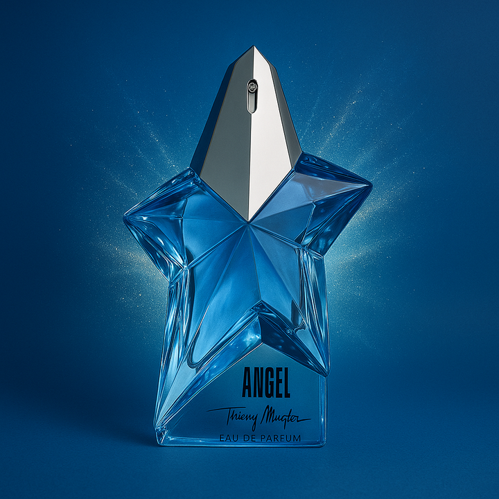 Blue star-shaped perfume bottle with 'Angel' on a blue background