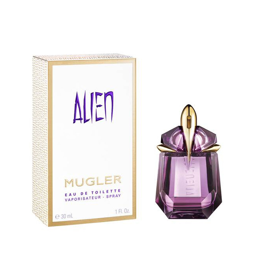 Mugler Alien perfume bottle and packaging on a white background