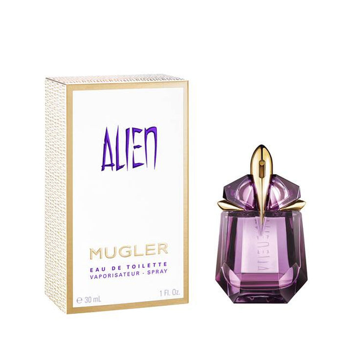 Mugler Alien perfume bottle and packaging on a white background