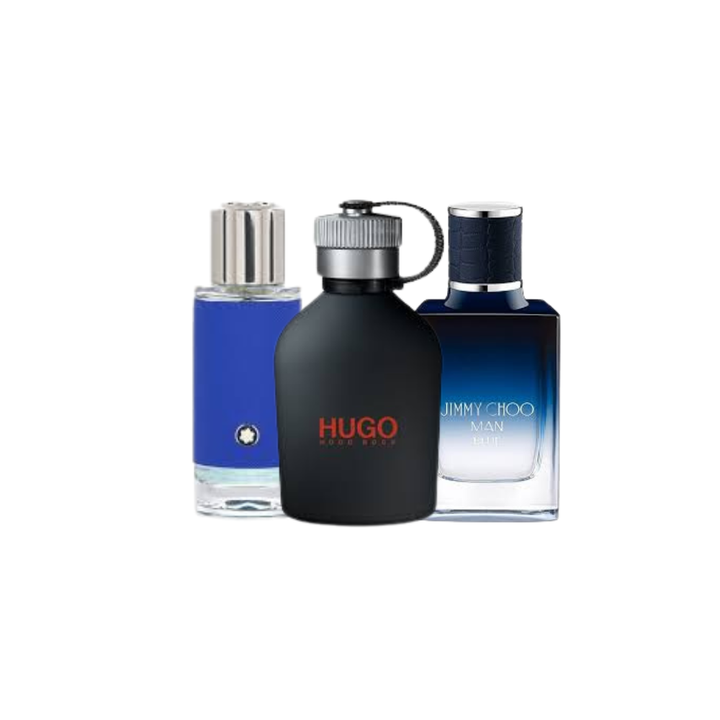 Three perfume bottles on a white background, including a black one with 'Hugo' branding.