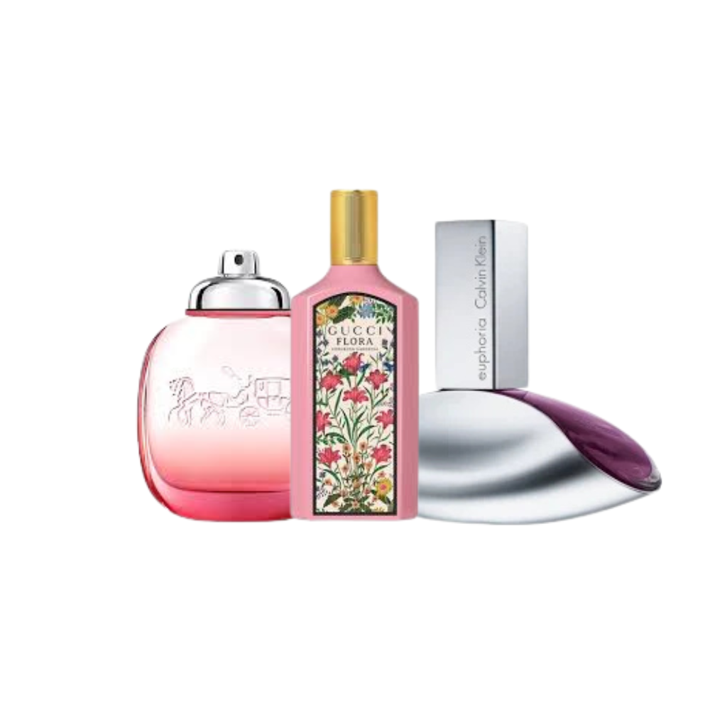 Three perfume bottles from Gucci, Calvin Klein, and another brand on a white background