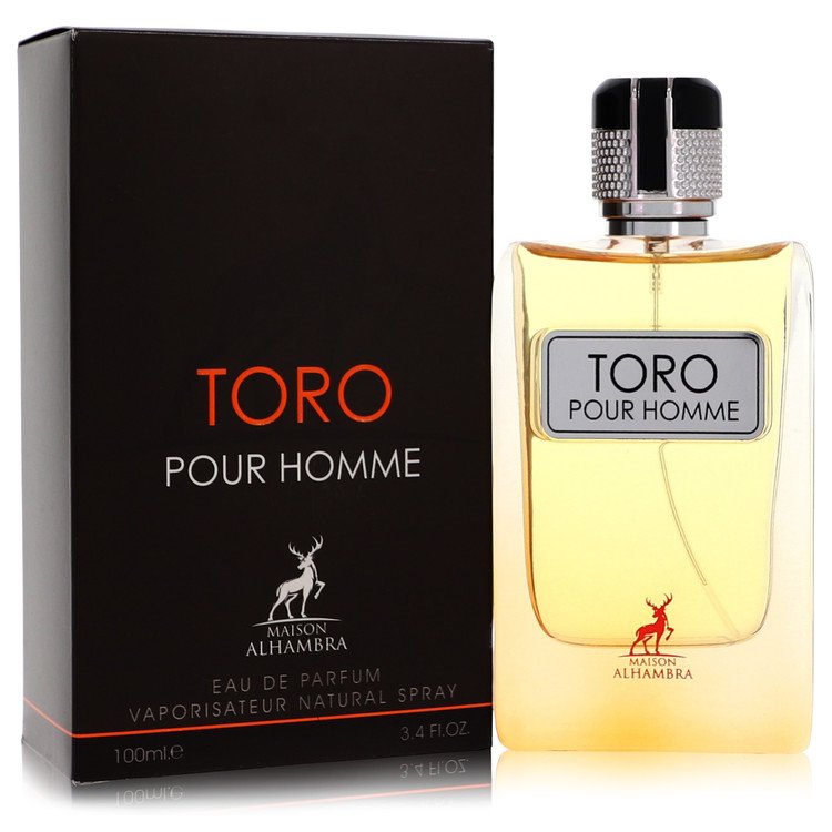 image showing the bottle and packaging for Toro Pour Homme Cologne By Maison Alhambra Eau De Parfum Spray 100ml