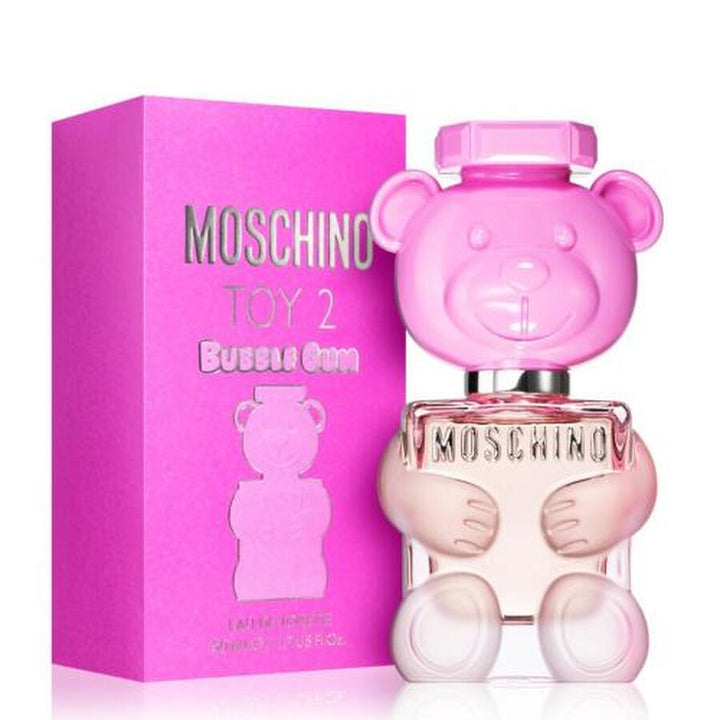 Pink Moschino Toy 2 Bubble Gum perfume bottle and packaging on a white background