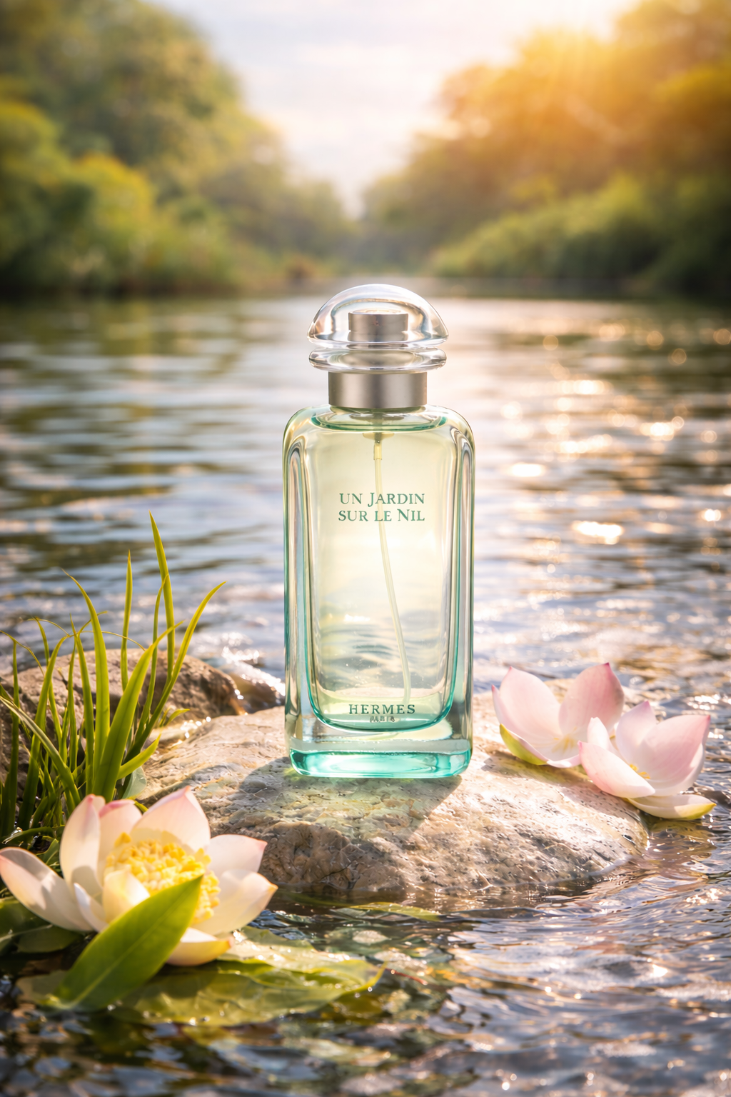 Perfume bottle on a rock by a river with flowers
