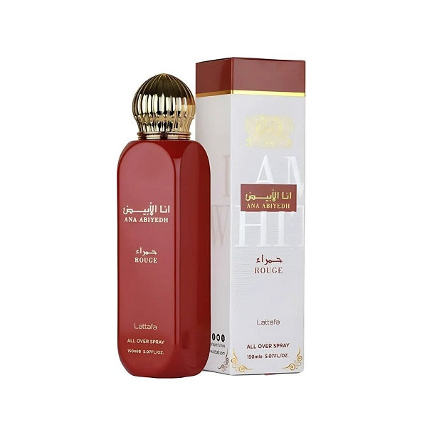 Red perfume bottle with gold cap and matching box on a white background