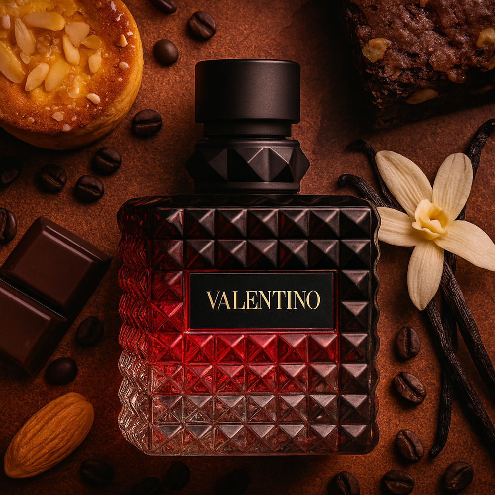 Valentino perfume bottle with chocolate, coffee beans, and vanilla flower on a brown background