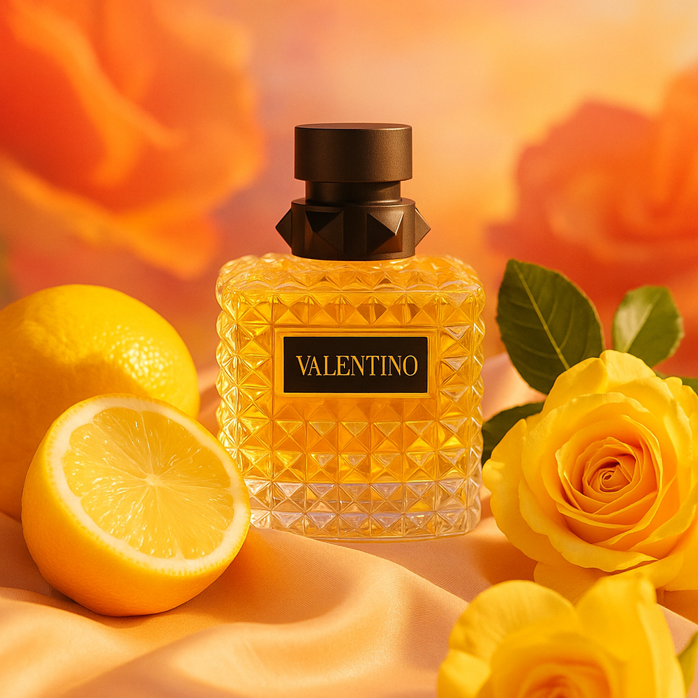 Valentino perfume bottle with yellow roses and lemons on a warm-toned background