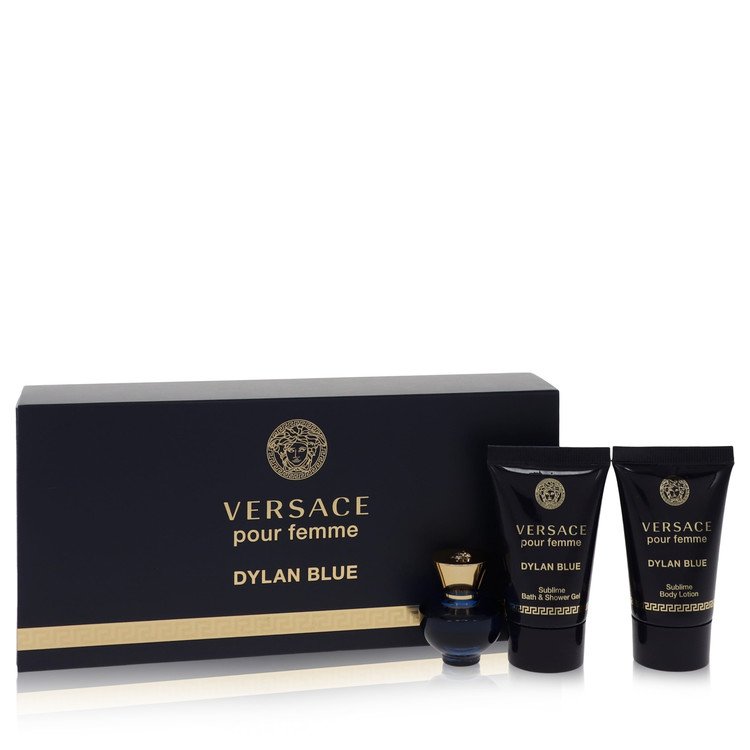 image showing the bottle and packaging for Versace Pour Femme Dylan Blue Perfume By Versace Gift Set Set
