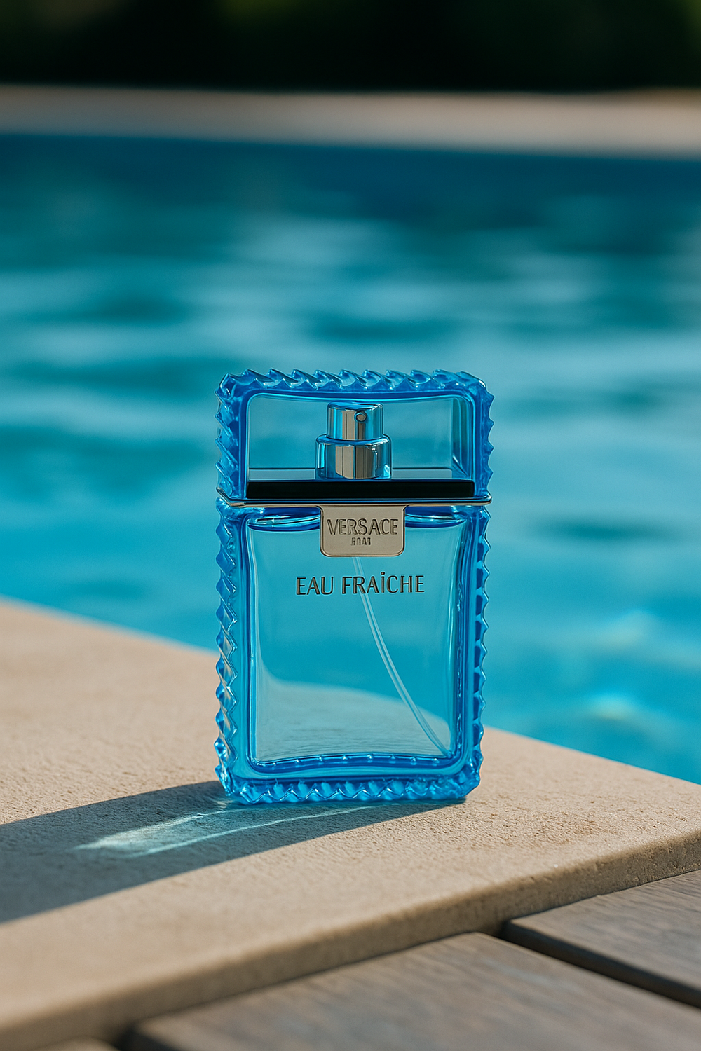 Versace Eau Fraçèche perfume bottle on a wooden surface with a pool in the background