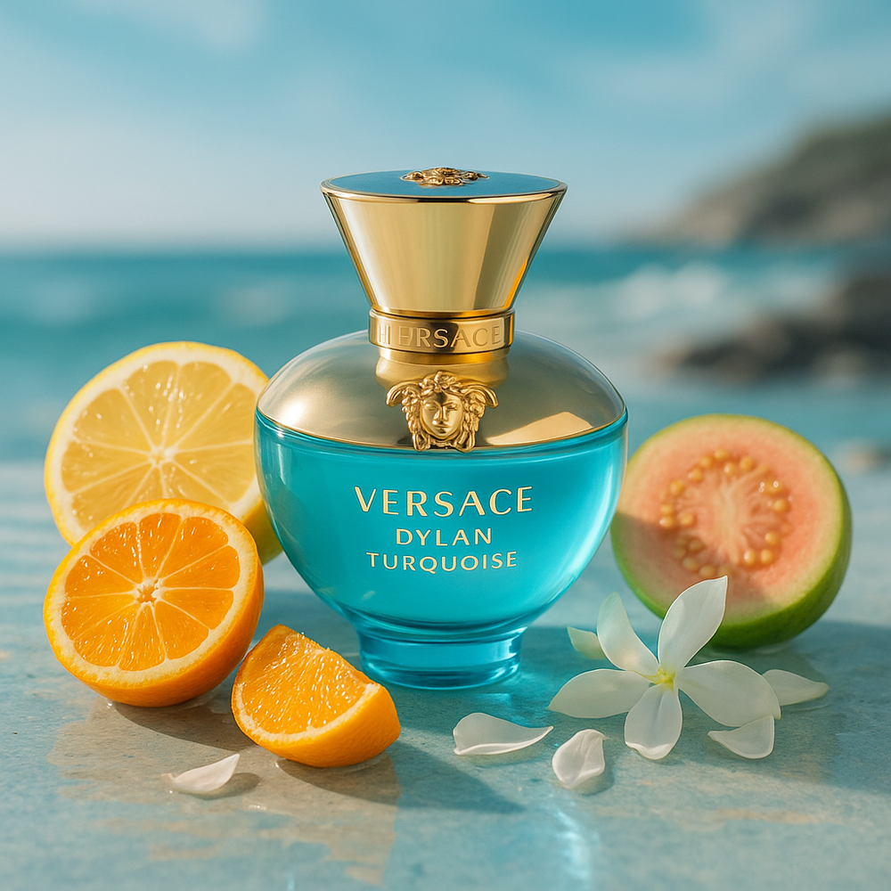 Versace Dylan Turquoise perfume bottle with fruits and flowers on a beach background