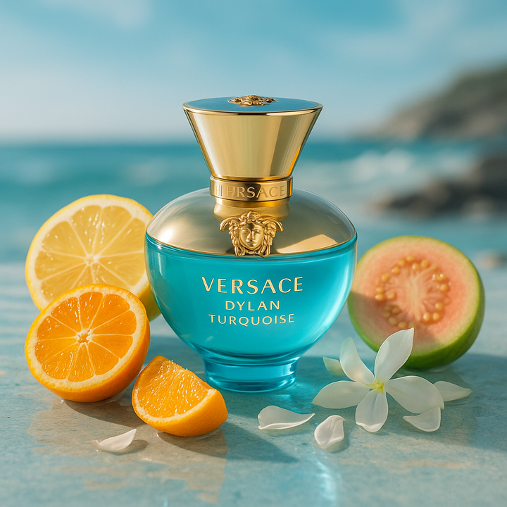 Versace Dylan Turquoise perfume bottle with fruits and flowers on a beach background