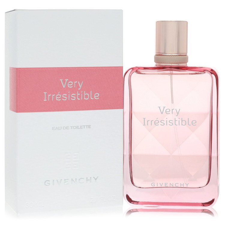 Pink perfume bottle and packaging with 'Very Irresistible' text on a white background