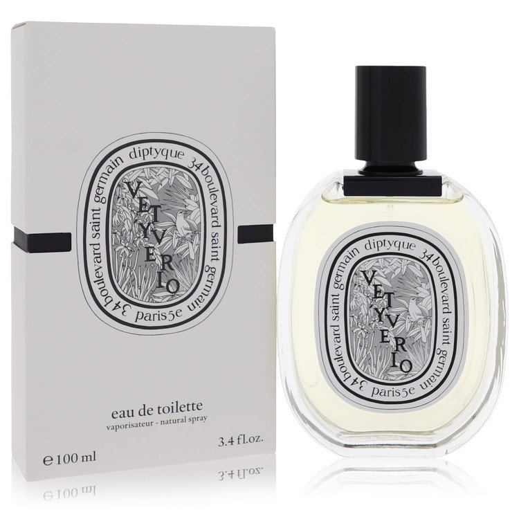 image showing the bottle and packaging for Diptyque Vetyverio Perfume By Diptyque Eau De Toilette Spray (Unisex) 100ml