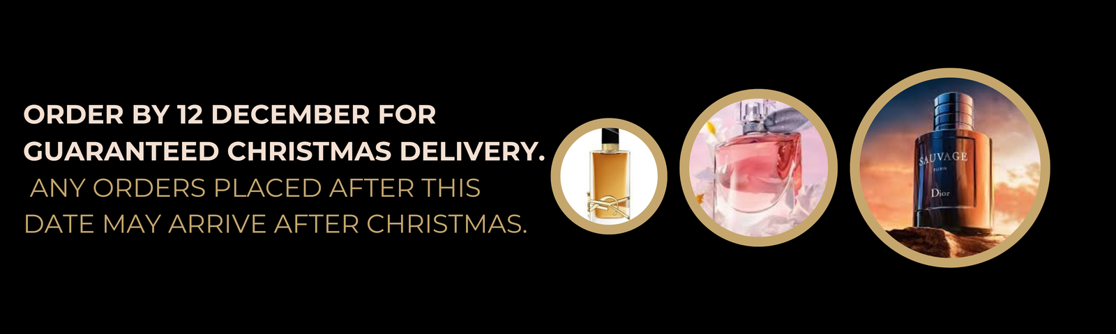 Advertisement for perfume orders with delivery by December 12th on a black background.