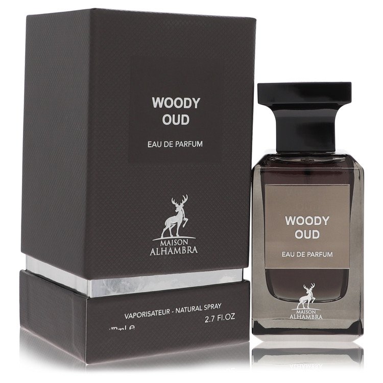 image showing the bottle and packaging for Maison Alhambra Woody Oud Cologne By Maison Alhambra Eau De Parfum Spray (Unisex) 80ml