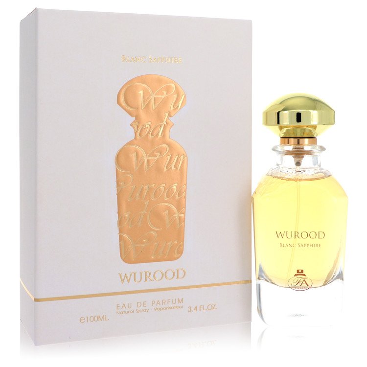 image showing the bottle and packaging for Wurood Blanc Sapphire Perfume By Fragrance World Eau De Parfum Spray 100ml