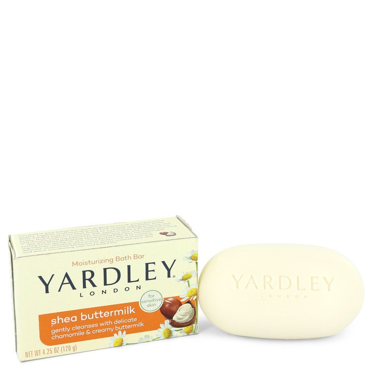 image showing the bottle and packaging for Yardley London Soaps Perfume By Yardley London Shea Butter Milk Naturally Moisturizing Bath Soap 120g