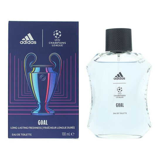image showing the bottle and packaging for Adidas Champions League Goal Perfume By Adidas Eau De Toilette Spray 100ml