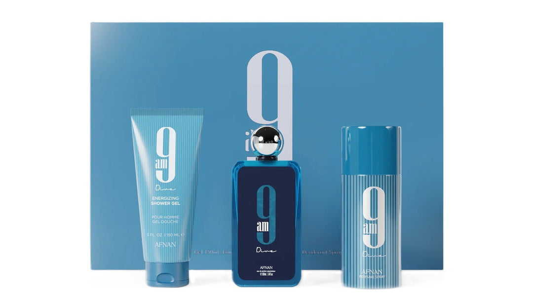 Afnan 9am Dive 3pc Men Gift Set   100ml EDP + 150ml Shower Gel + 150ml Deodorant Spray set  - Just Perfume
