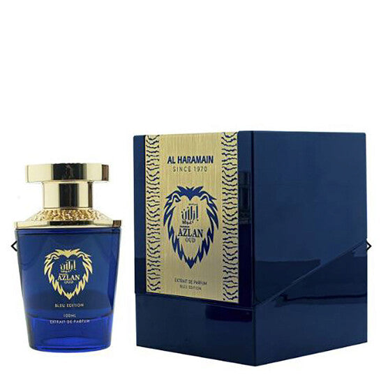 image showing the bottle and packaging for Al Haramain Azlan Oud Bleu Cologne By Al Haramain Extrait De Parfum Spray 100ml