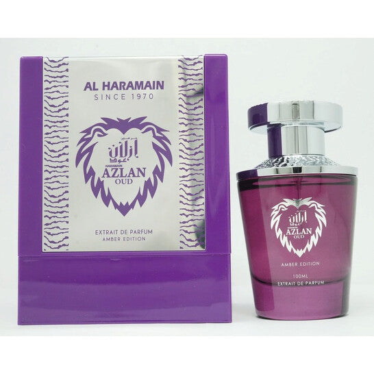 image showing the bottle and packaging for Al Haramain Azlan Oud Amber Perfume By Al Haramain Extrait De Parfum Spray 100ml